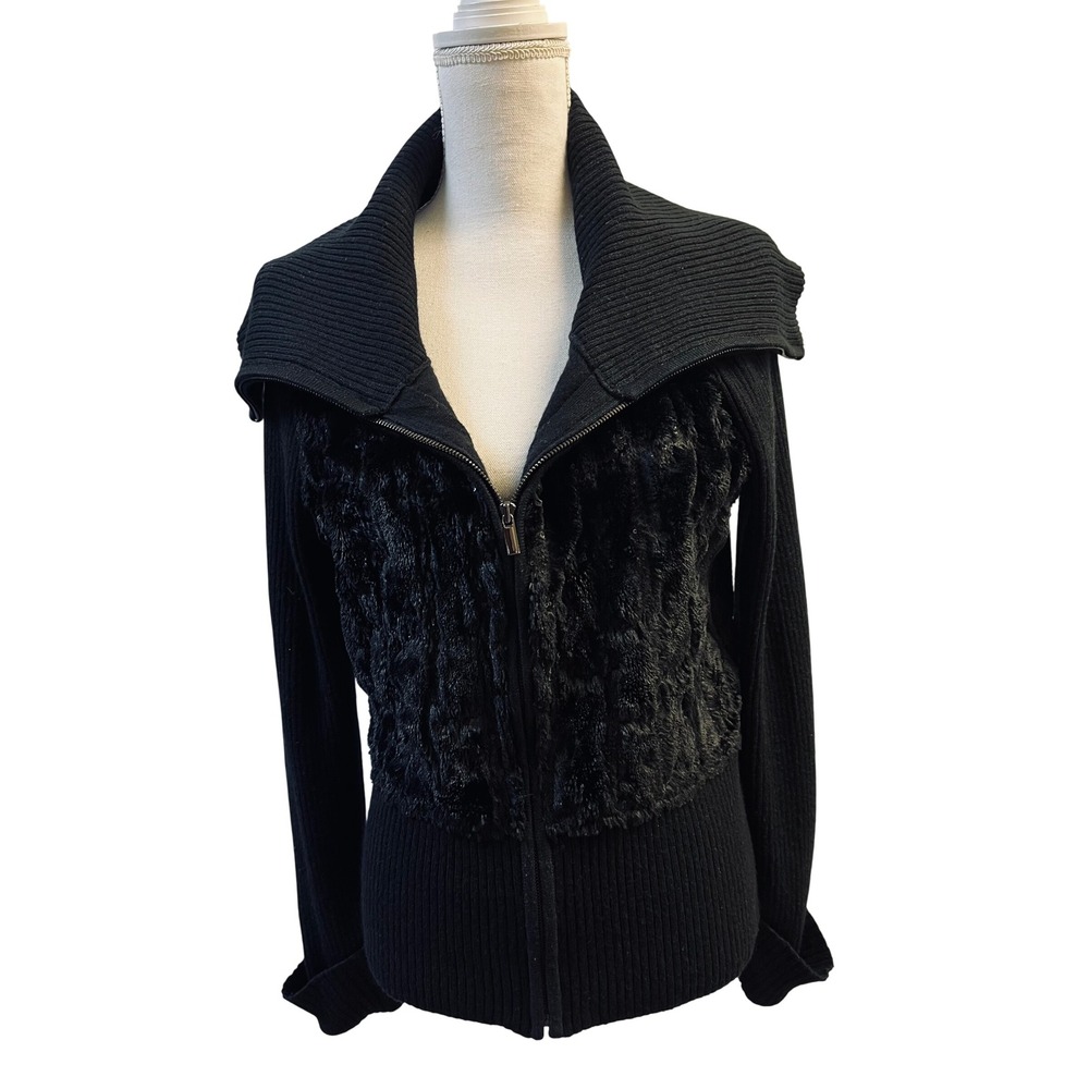 Cache Zip Up Cardigan Large Black Faux Fur Trim Ribbed Wool Blend Shawl Collar